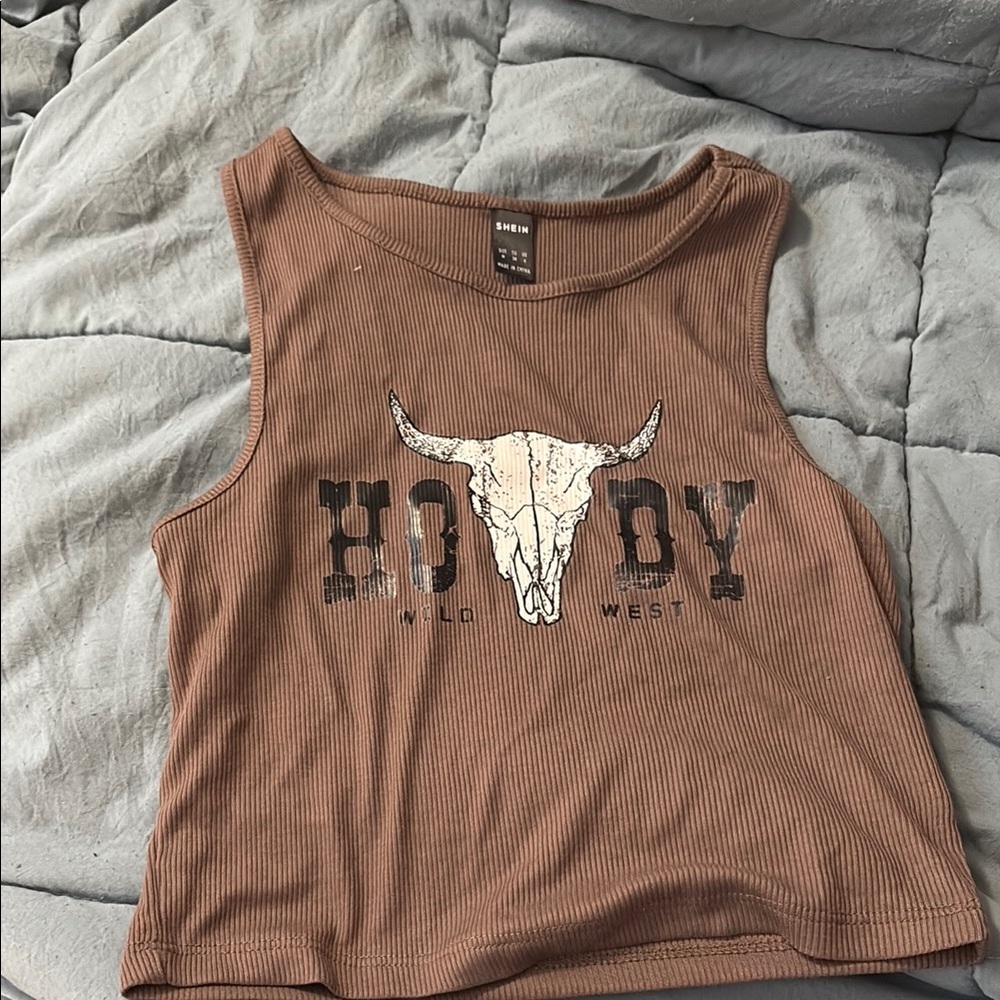 Brown Ribbed Crop Top with Skull Graphic